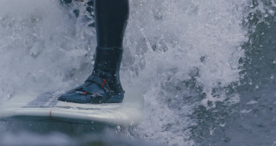 Close up of a person riding a surf board on a wave
