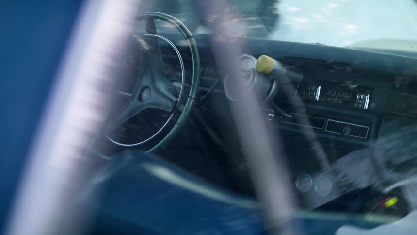 The interior of a parked car