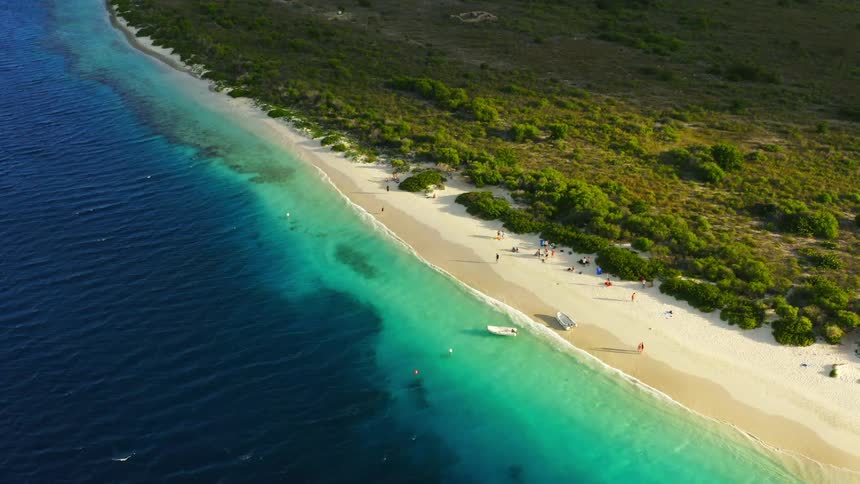 An aerial view of people on a white sandy beach