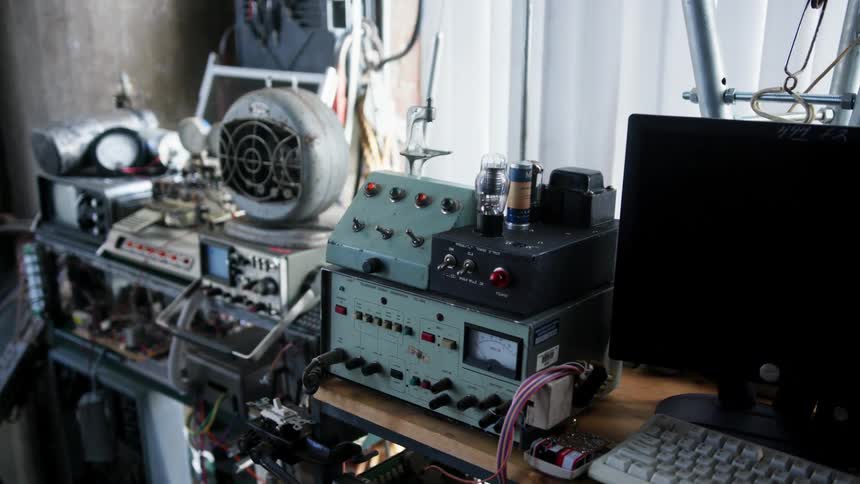 Electronic and scientific equipment on the shelf of a workshop