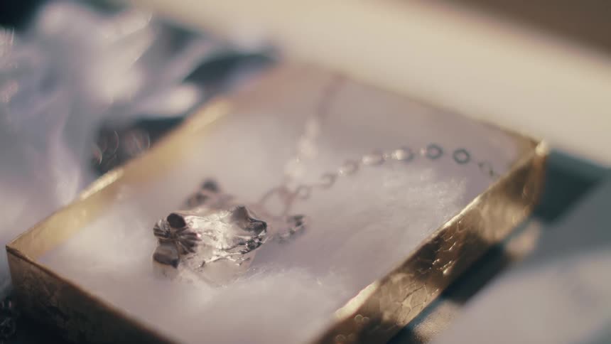 A silver necklace in a gold box