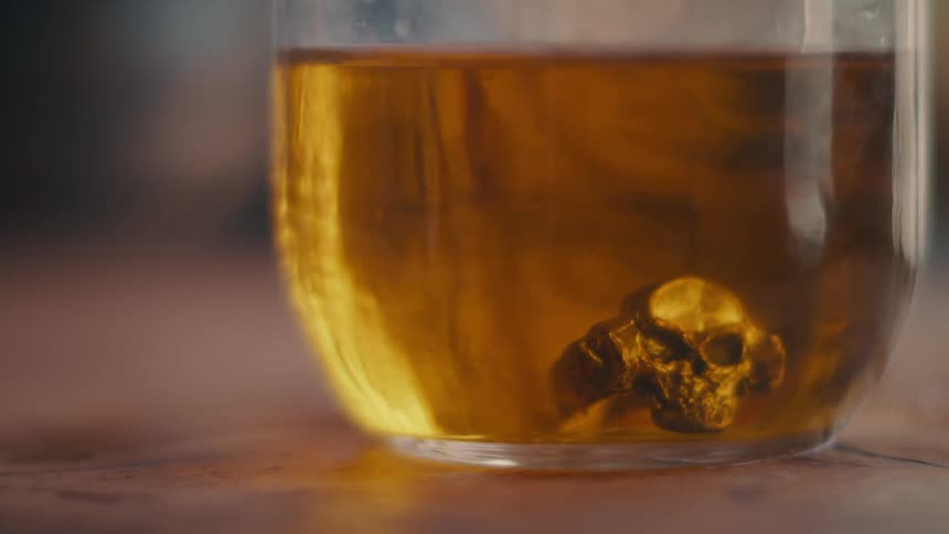 Tweezers putting a ring in a glass of yellow liquid on a table