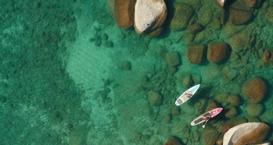 Two people paddle boarding in the water