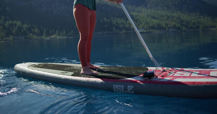 Two women paddle boarding in a lake
