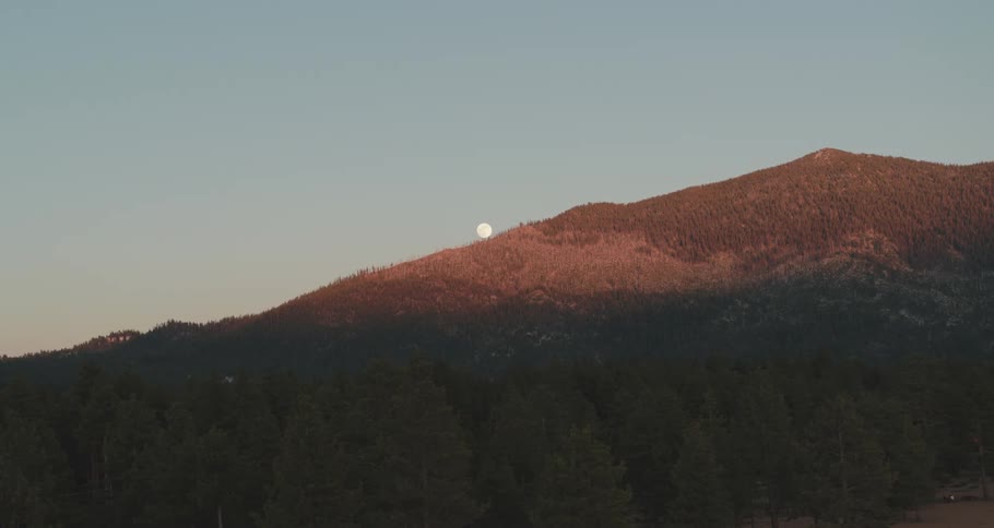 A landscape view of the moon peeking over a hill covered in trees