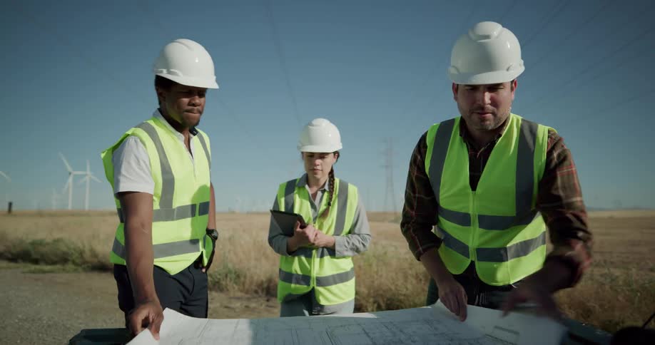 Three construction workers look at a blue print while standing outside in a rural area