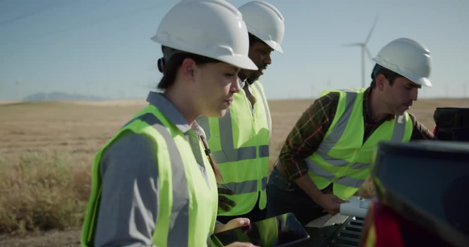 A man lays blueprints out in the back of his truck at a wind farm while his coworkers watch