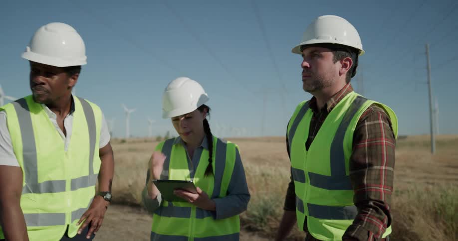 Two men and a woman with hard hats and vests with the sky and wind turbines in the background