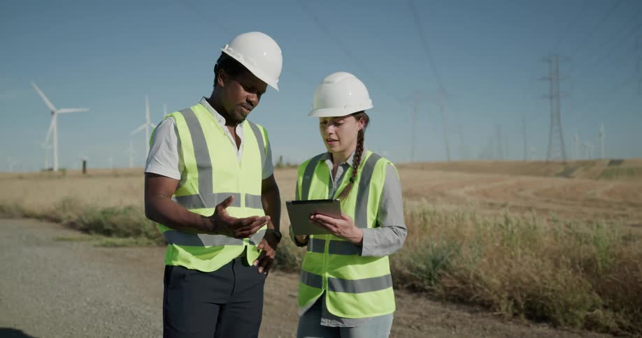 A man and woman at a wind farm wearing hard hats look at a tablet