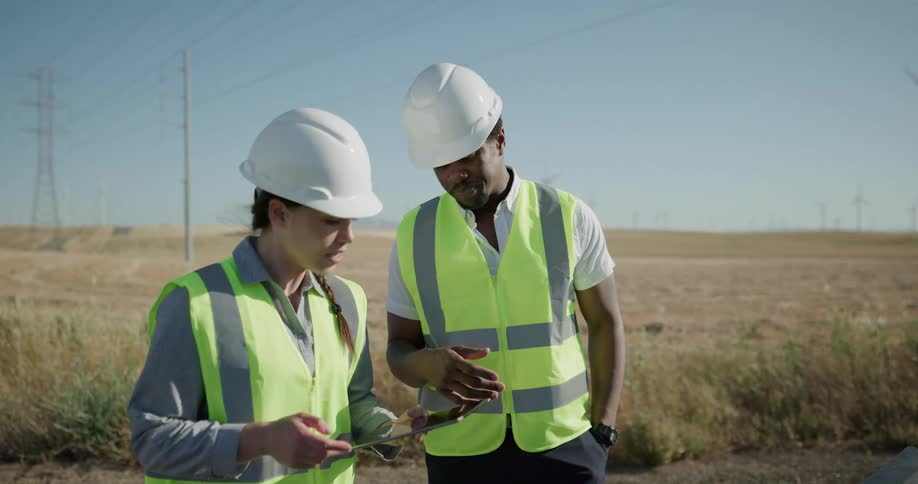 A man and woman on a wind farm look at a tablet and talk