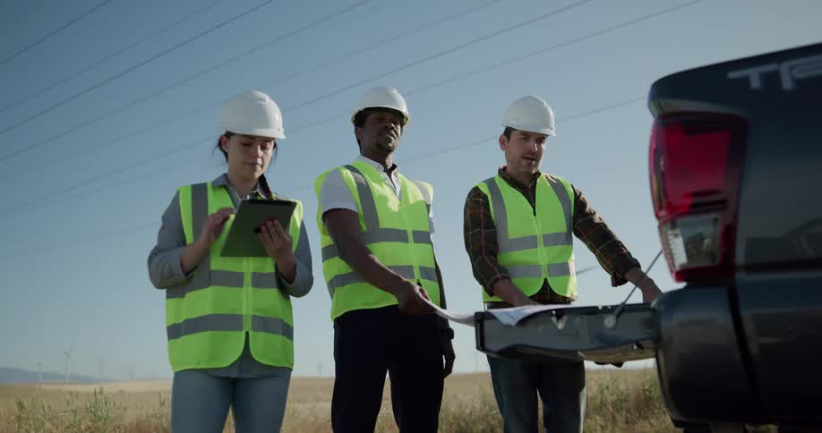 Three workers wearing vests and hard hats outside looking at a map