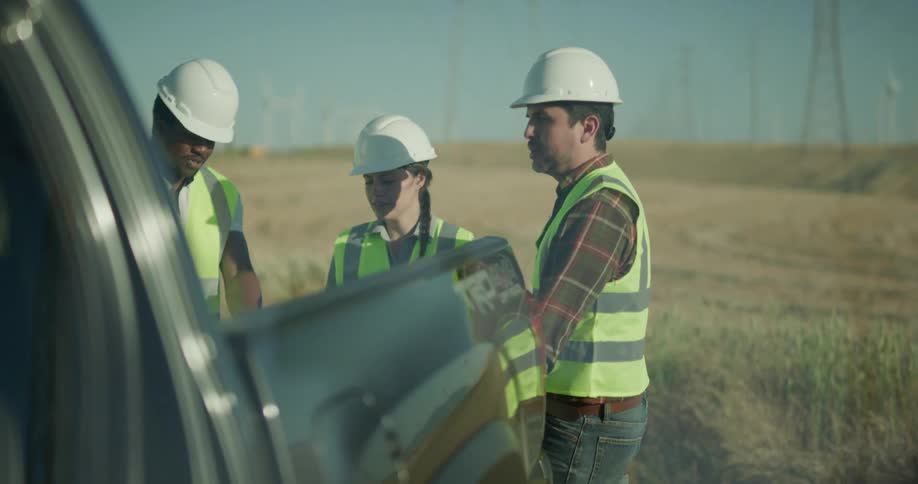 Two men and a woman with hard hats and vests behind a pickup truck with the sky and wind turbines in the background