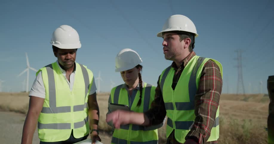 Two men and a woman with hard hats and vests standing behind a pickup truck with the sky and wind turbines in the background