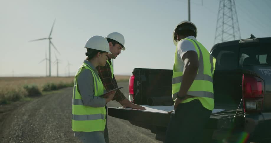 Two men and a woman talk and look at wind turbines and blueprints in the back of a truck