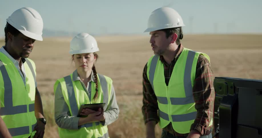 A group of workers discuss a blueprint and the contents of a tablet as they stand at the rear of truck parked on wind farm