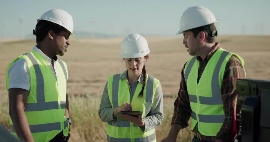 Contractors discussing blueprints at a job site on a windy day
