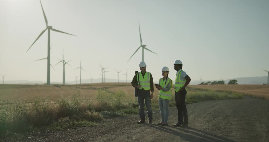 A group of wind energy engineers stands on a dirt road and uses a tablet on wind farm