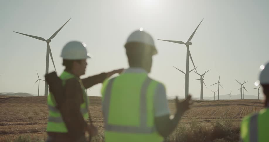 A group of workers in safety vests and hardhats walk along a dirt road through a wind farm