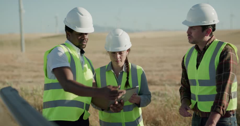 Workers discuss plans near truck bed of vehicle parked at wind farm