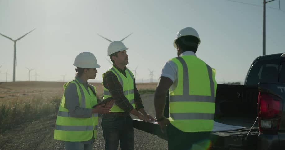 Two men and a woman with hard hats and vests standing behind a pickup truck with the sky and wind turbines in the background