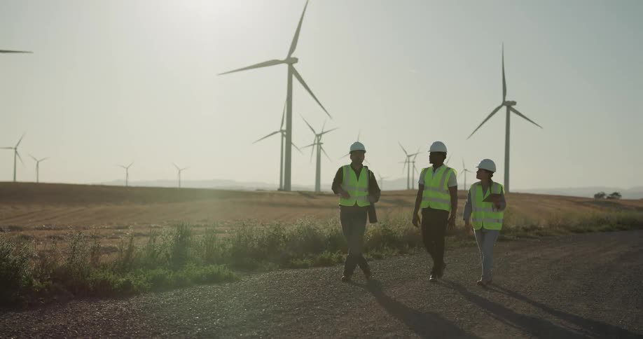 A group of wind energy engineers walks down a dirt road on wind farm with wind turbines in the background