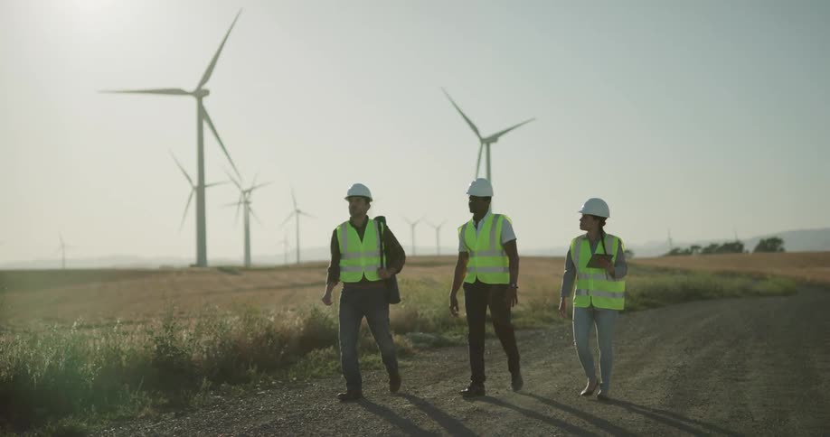 A group of wind energy engineers walks down a dirt road on wind farm with wind turbines in the background