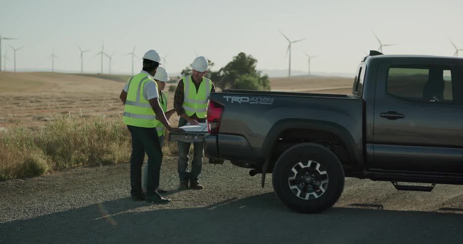 Construction workers wearing hard hats and vests check blueprints on the back of a truck