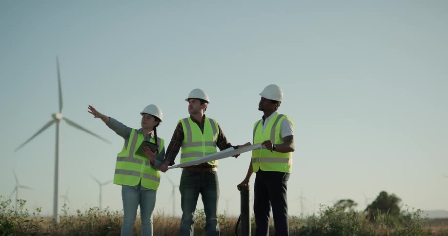 Engineers discussing blueprints on job site at a wind farm