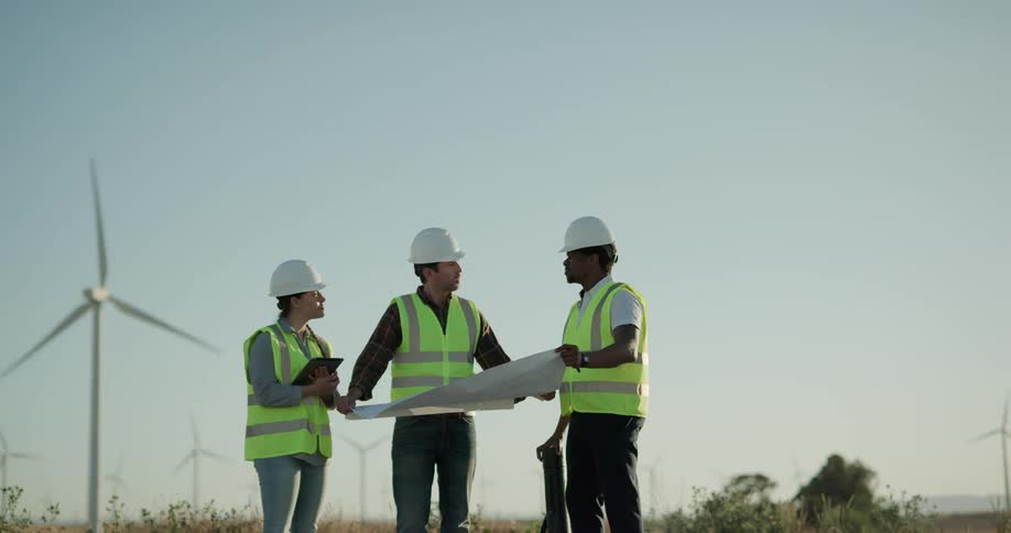 Three construction workers are looking at a blueprint outdoors