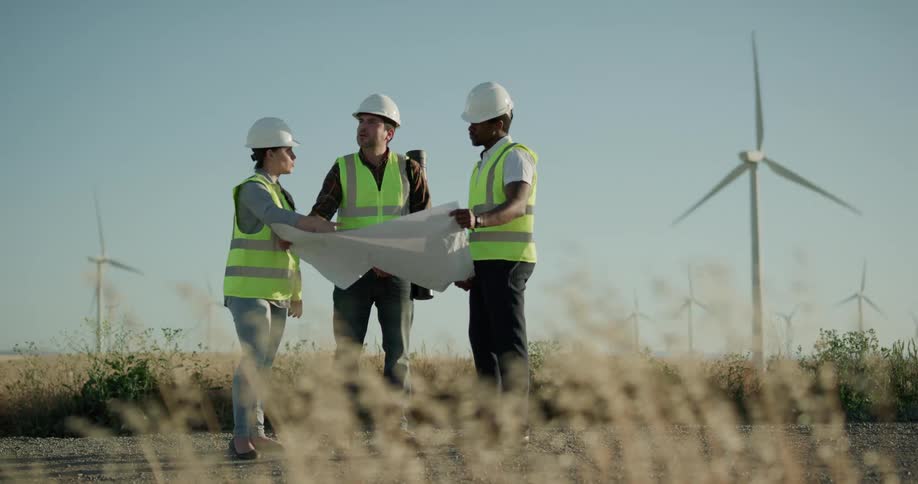 A woman and two men wearing hard hats look at blueprints on a field with wind turbines