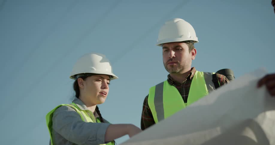 A group of workers stand together outdoors while discussing a blueprint being held between them