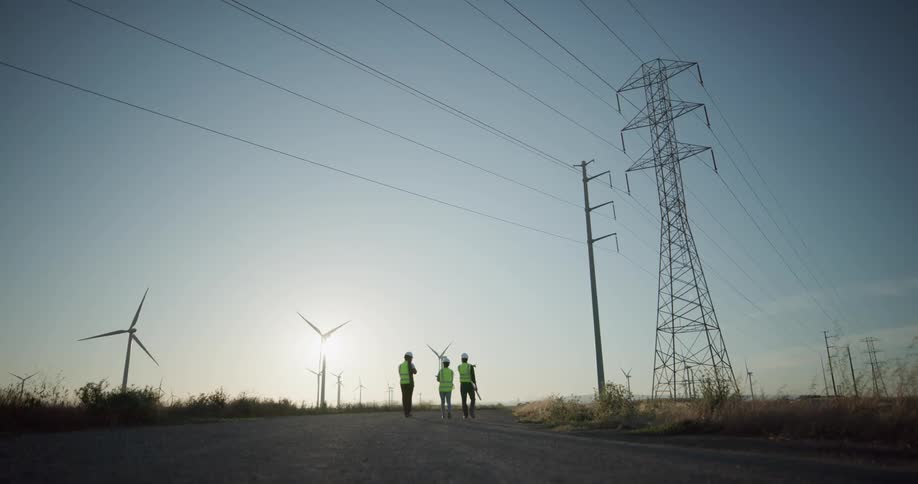 Three utility workers walk along a rural road together beside a large power line tower and wind turbines