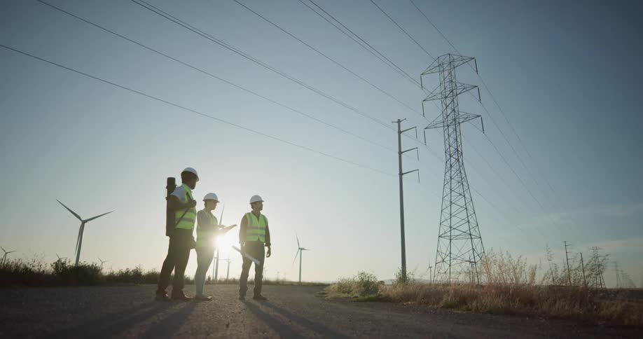 Three construction employees are outdoors together