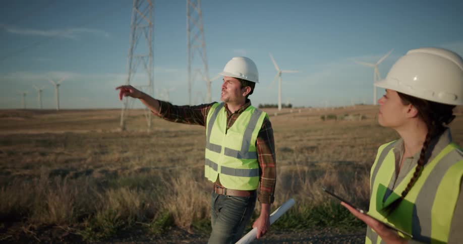 Two men and a woman with hard hats and vests walking on a road with the sky and wind turbines in the background