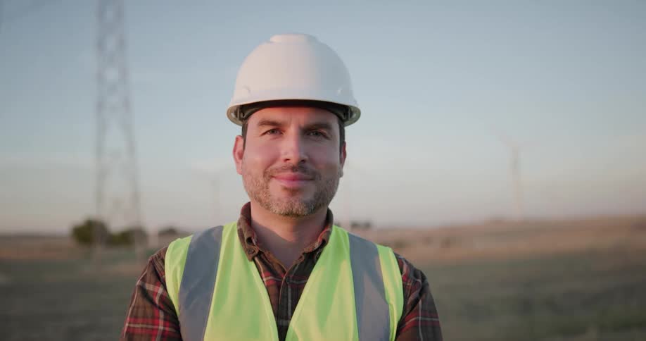 Supervisor wearing a white hard hat and green vest looks at the camera near wind turbines