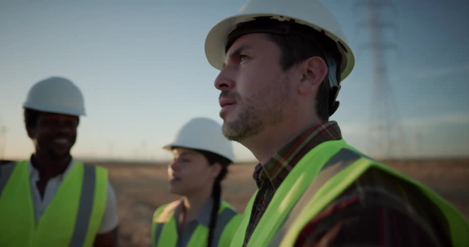 A group of people in safety vests and hard hats talk with one another while standing outdoors in a vast field containing wind turbines and transmission towers
