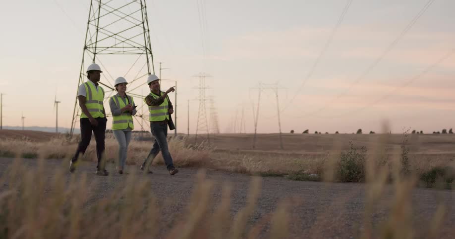 Three construction workers are walking outdoors at dusk