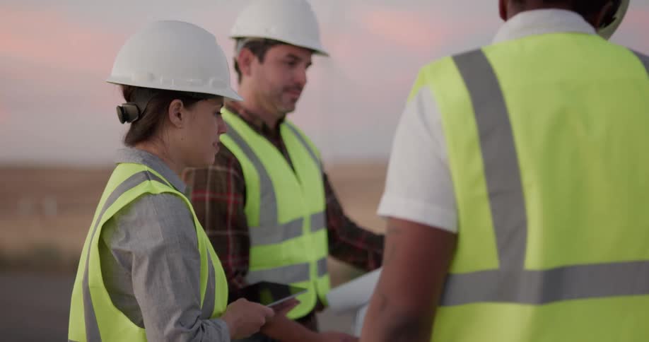 Engineers discussing blueprints on a job site outdoors