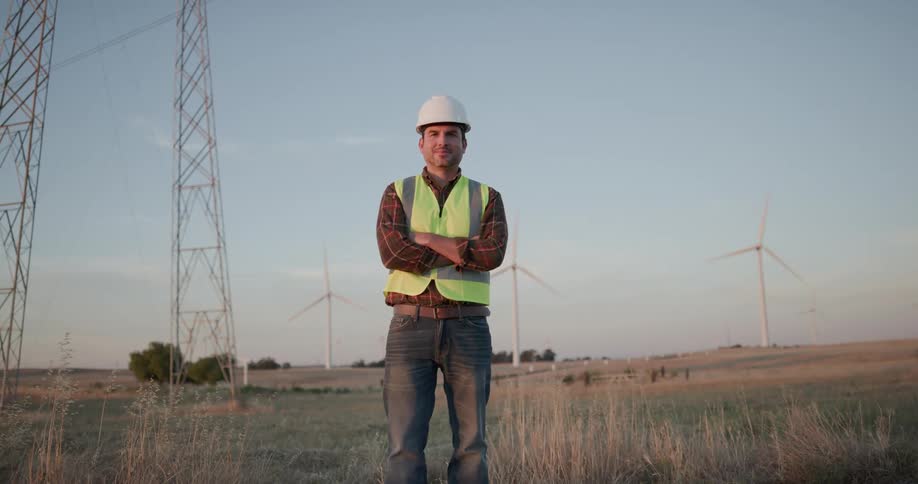 A construction worker is standing outdoors in a rural area