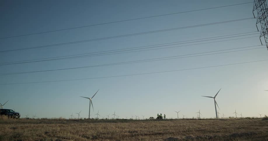 Wind blowing through turbines on a wind farm