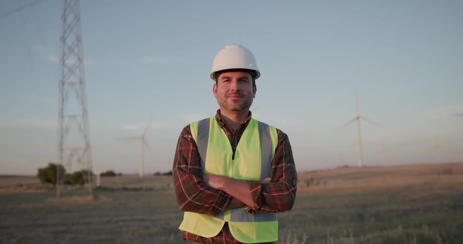 A male utility worker stands in a grassy field with wind turbines spinning in the background