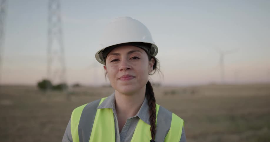A woman with a hard hat and vest with the sky and wind turbines in the background