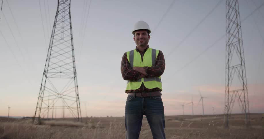 A man with a hard hat and vest standing and staring with the sky and wind turbines in the background