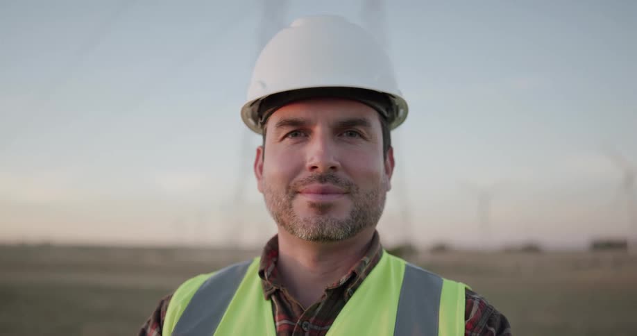 A man with a hard hat and vest standing and staring with the sky and wind turbines in the background