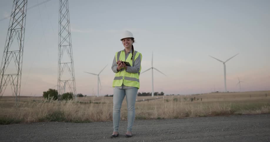 A young woman in a safety vest and hard hat stands outdoors on a wind farm while holding a tablet and smiling into the camera