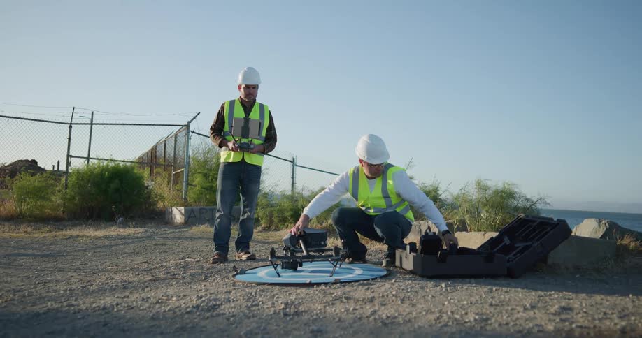 One man stands and watches as another man puts together a tool outside