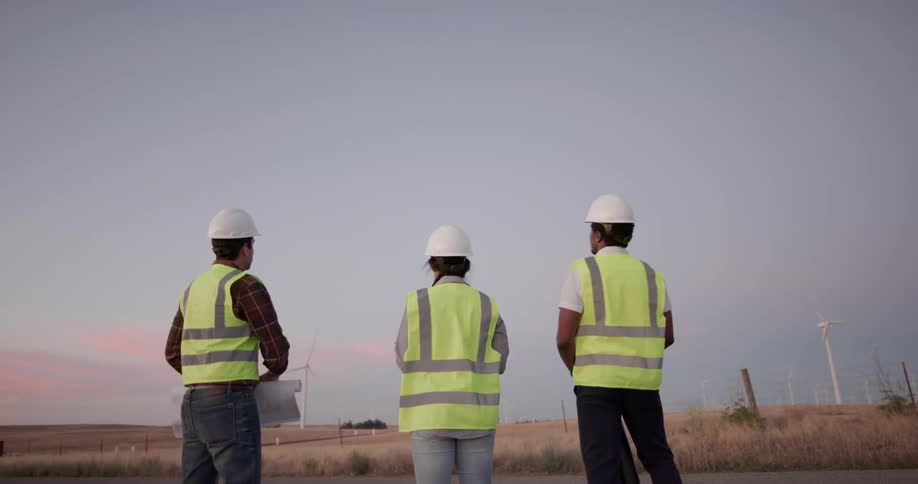 Three employees standing on a wind farm look at blue prints and talk