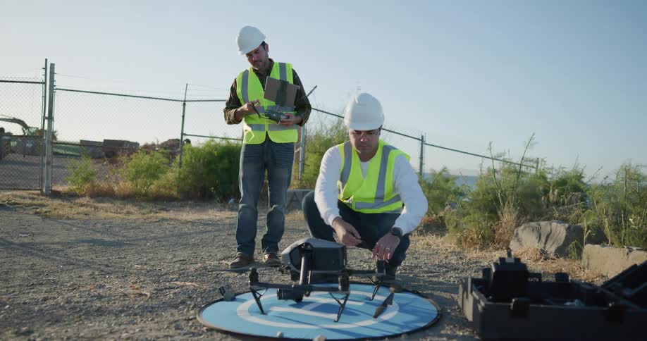 A pair of men in safety vests and hard hats assemble a remote controlled drone and its controller outdoors a sunny day