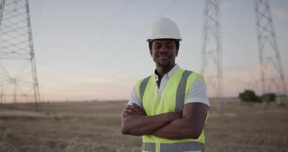 A black male wearing a construction hard had and vest standing and smiling near a field