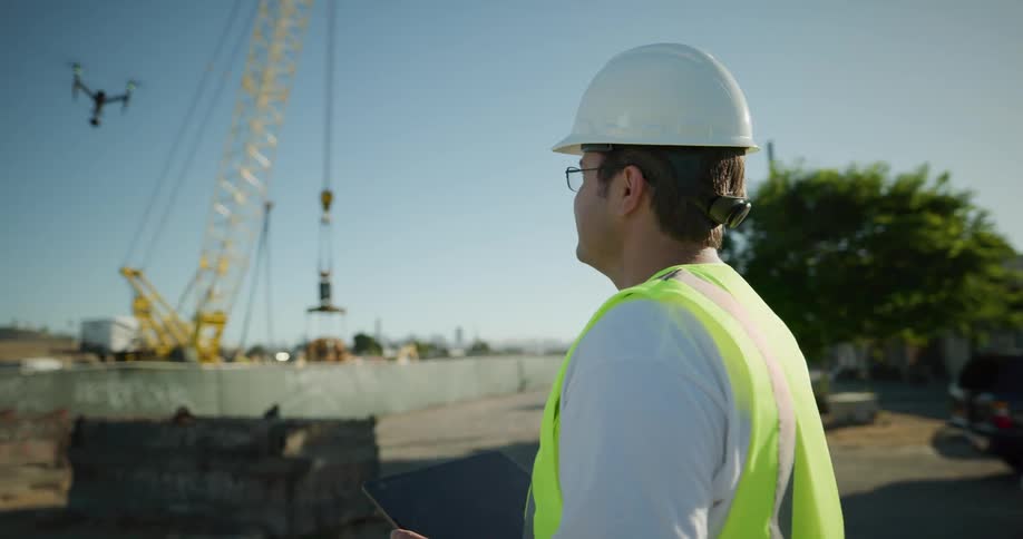 Two men in hard hats control a drone over a construction site